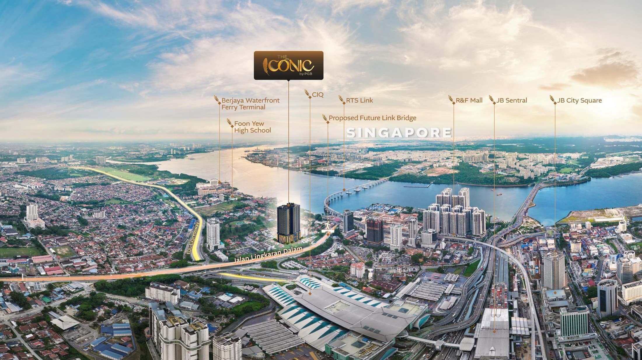 Aerial context showing The Iconic near CIQ, Bukit Chagar RTS, JB Sentral and Singapore